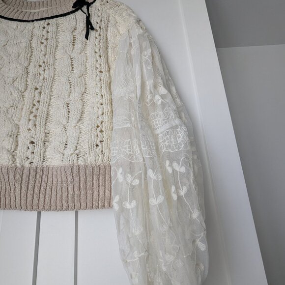Anthropologie Lace Cropped Cable Sweater - Picture 2 of 6